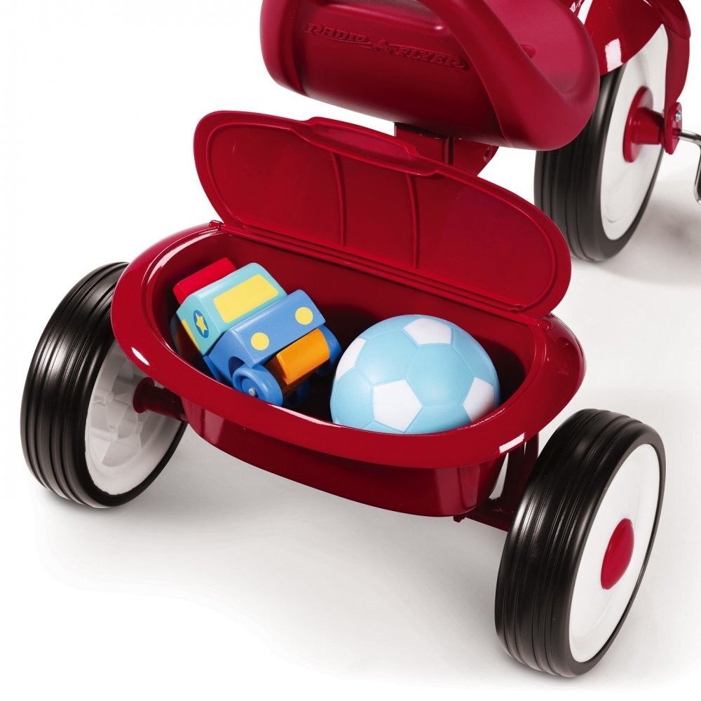 RADIO FLYER Tricicleta pentru copii Fold 2 Go Red pliabila cu scaun reglabil in inaltime in functie de varsta roti silentioase panglici decorative si compartiment pentru depozitare