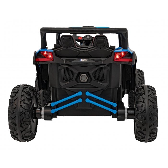 Ramiz Atv electric pentru copii Buggy Defend 106x75x59 cm albastru 140W cu telecomanda 4 x 4 suspensii sunete lumini scaun piele roti din spuma Eva si panou audio
