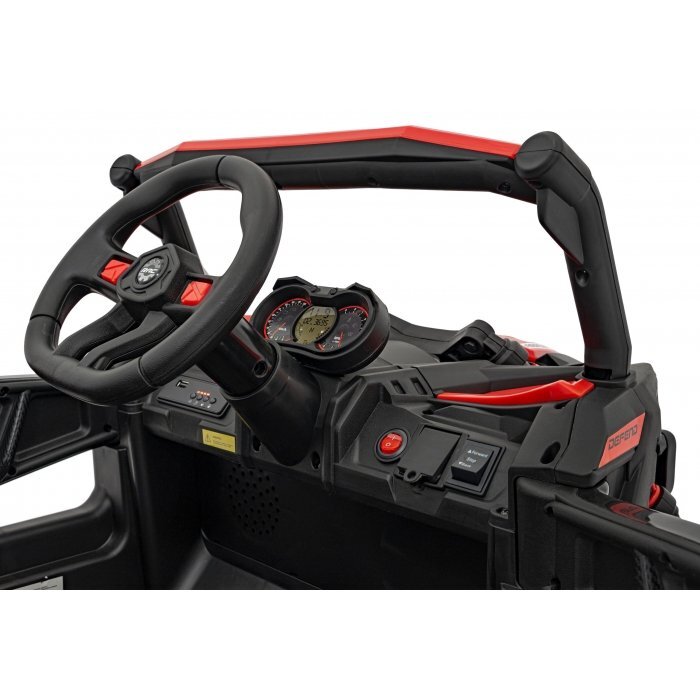Ramiz Atv electric pentru copii Buggy Defend 106x75x59 cm rosu 140W cu telecomanda 4 x 4 suspensii sunete lumini scaun piele roti din spuma Eva si panou audio