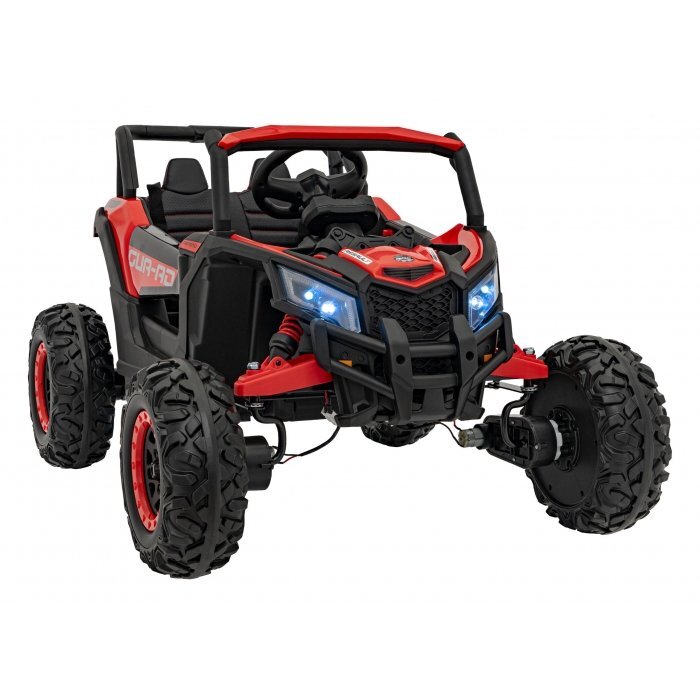 Ramiz Atv electric pentru copii Buggy Defend 106x75x59 cm rosu 140W cu telecomanda 4 x 4 suspensii sunete lumini scaun piele roti din spuma Eva si panou audio