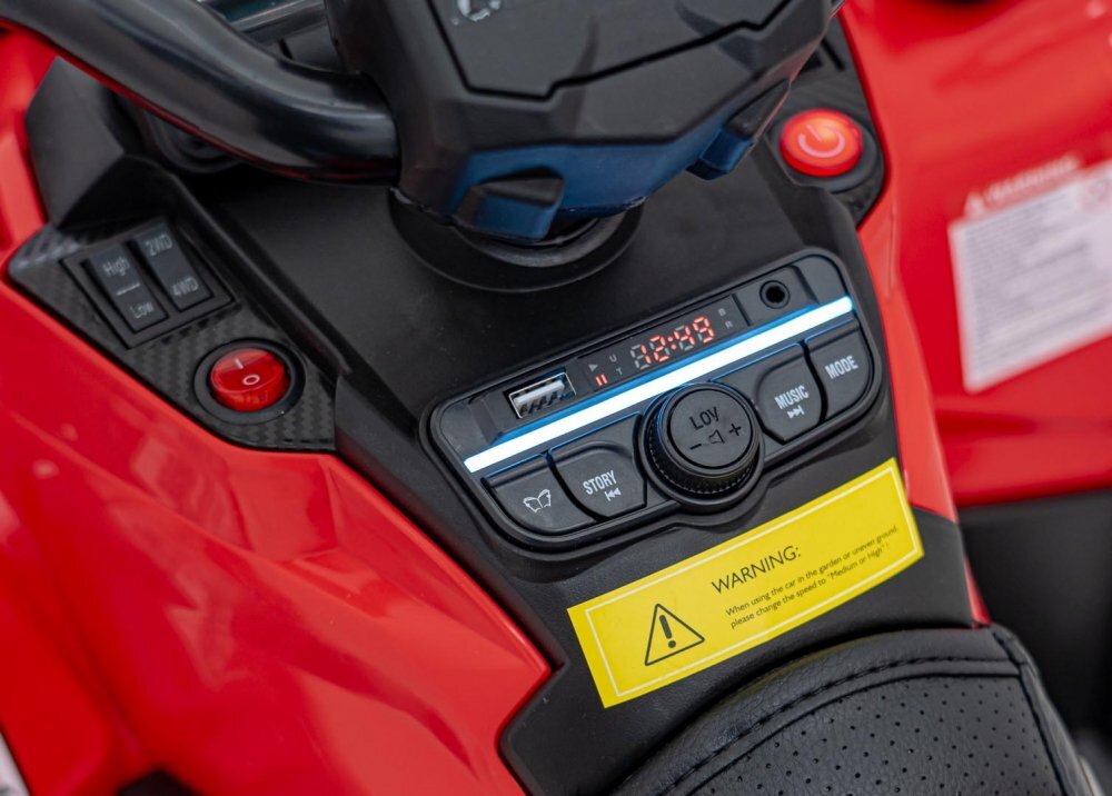 Ramiz Atv electric pentru copii Can-Am Outlander Red 4 motoare x 45W baterie 12V14Ah soft start la buton panou audio roti eva scaun piele
