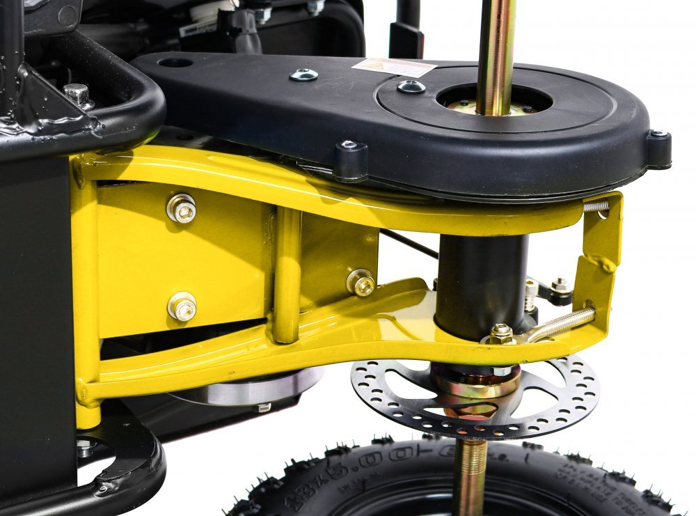 Ramiz Atv electric pentru copii Hiperfect Yellow cu motor 1000W baterie de 48V12Ah viteza 35 kmh cadrul din metal armat echipat cu roti pneumatice suspensii faruri LED frontale claxon integrat pornire cu cheie