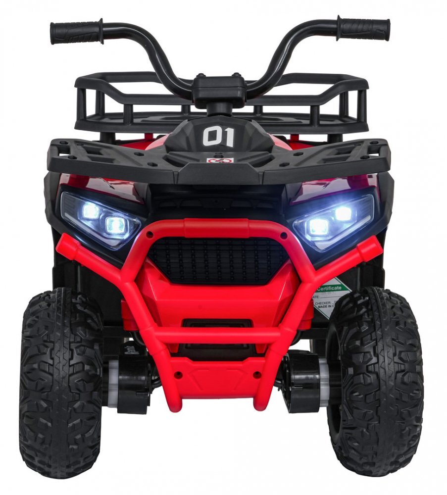 Ramiz Atv electric pentru copii Robust Red 4 motoare de 35W baterie de 12V7Ah telecomanda 2.4G cu 3 viteze roti spuma EVA scaun piele ecologica port USB MP3 radio FM Bluetooth Lumini LED pedala acceleratie
