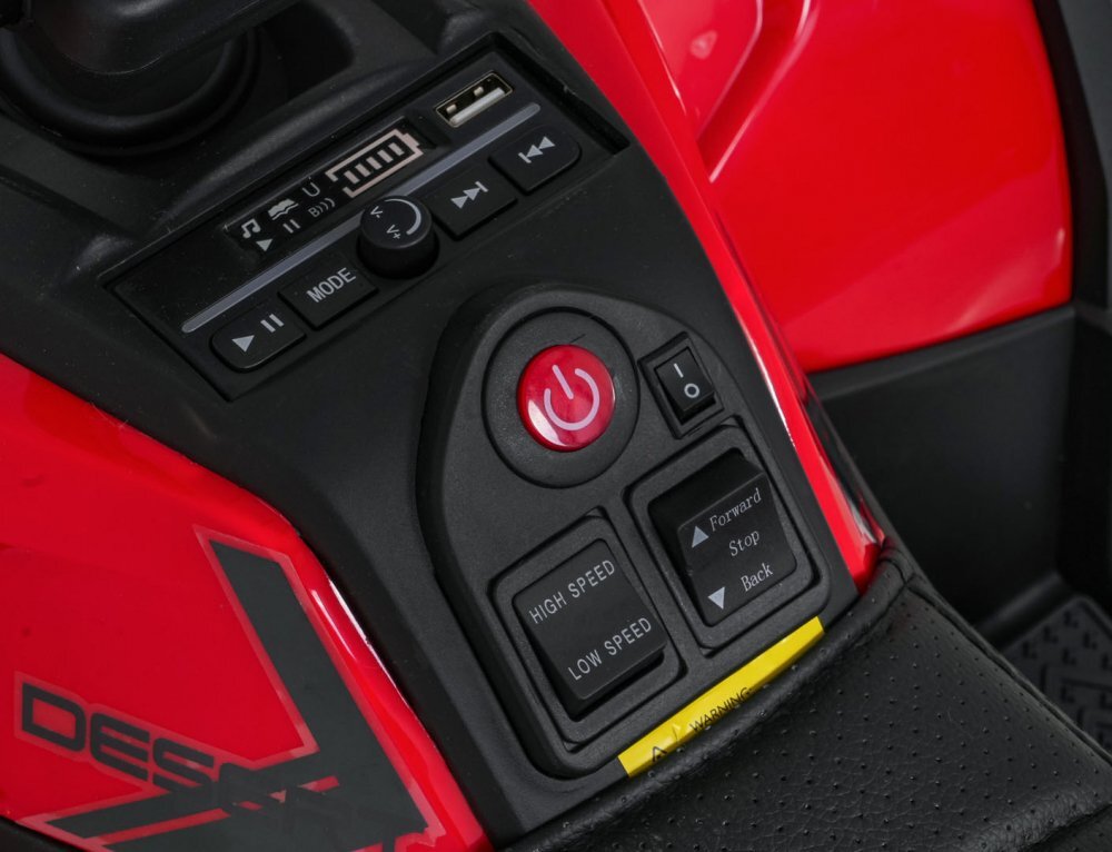 Ramiz Atv electric pentru copii Robust Red 4 motoare de 35W baterie de 12V7Ah telecomanda 2.4G cu 3 viteze roti spuma EVA scaun piele ecologica port USB MP3 radio FM Bluetooth Lumini LED pedala acceleratie