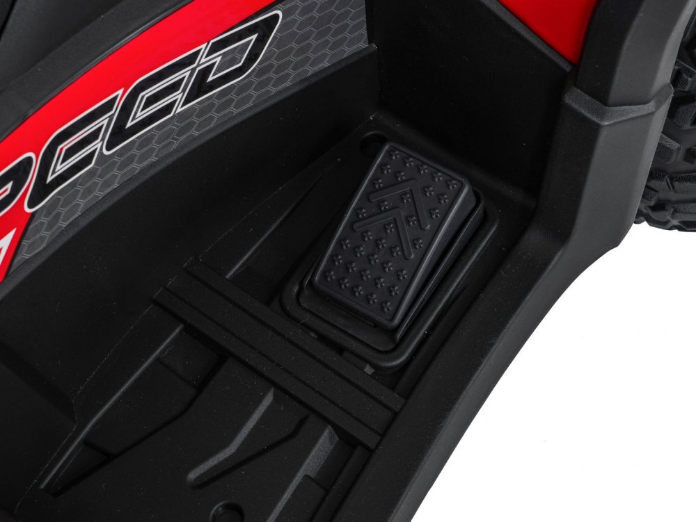 Ramiz Atv electric pentru copii Robust Red 4 motoare de 35W baterie de 12V7Ah telecomanda 2.4G cu 3 viteze roti spuma EVA scaun piele ecologica port USB MP3 radio FM Bluetooth Lumini LED pedala acceleratie