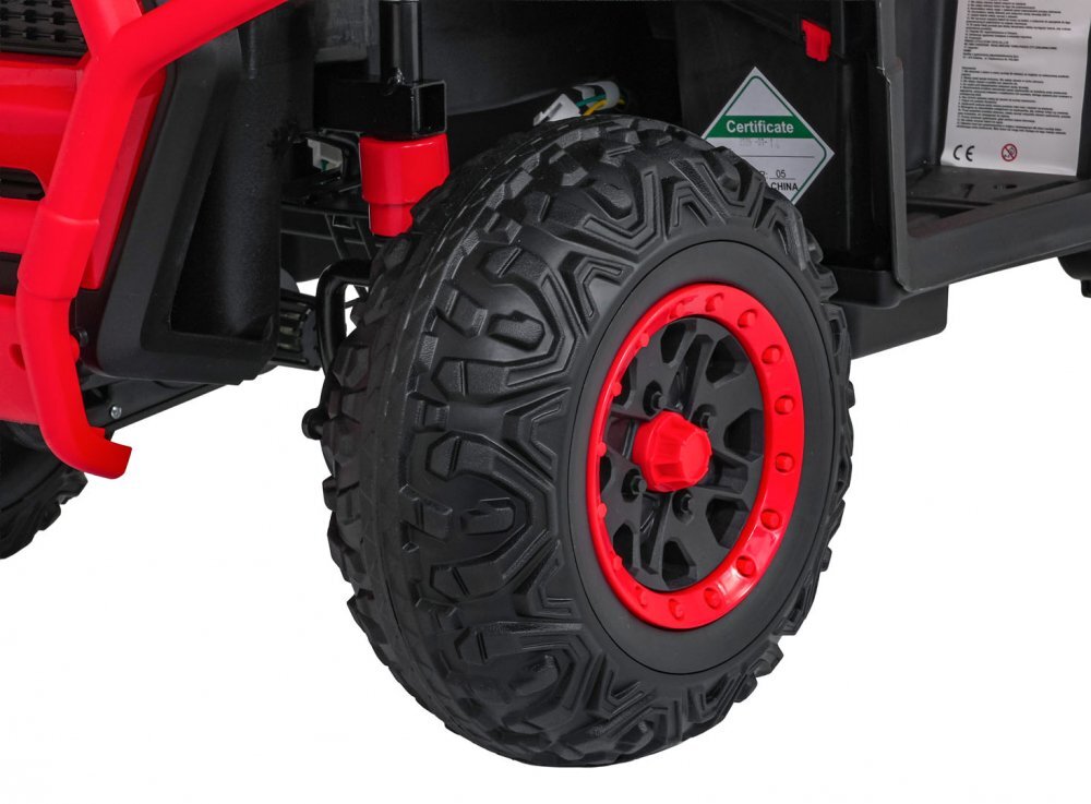 Ramiz Atv electric pentru copii Robust Red 4 motoare de 35W baterie de 12V7Ah telecomanda 2.4G cu 3 viteze roti spuma EVA scaun piele ecologica port USB MP3 radio FM Bluetooth Lumini LED pedala acceleratie