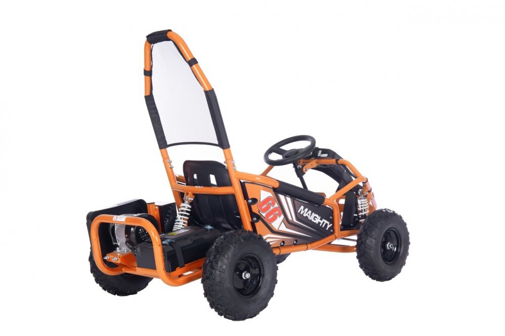 Ramiz Kart electric pentru copii Maighty Orange cu motor 1000W baterie 48V12Ah viteza maxima 30 kmh cu 3 moduri de viteza accesate la cheie frane hidraulice pe disc anvelope gonflabile cu suspensii si scaun reglabil