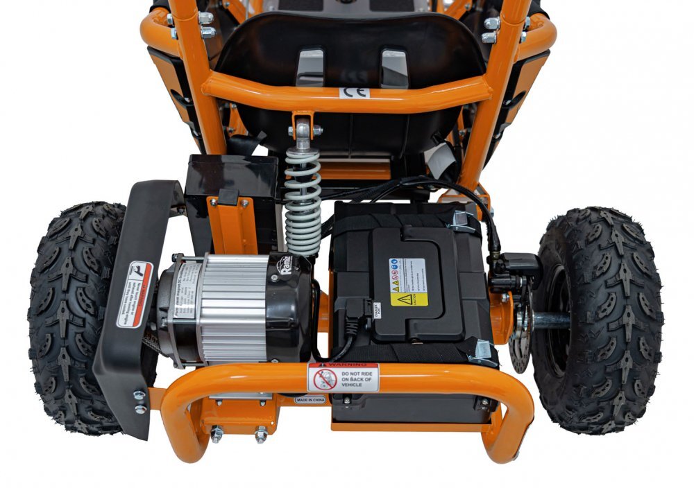 Ramiz Kart electric pentru copii Maighty Orange cu motor 1000W baterie 48V12Ah viteza maxima 30 kmh cu 3 moduri de viteza accesate la cheie frane hidraulice pe disc anvelope gonflabile cu suspensii si scaun reglabil