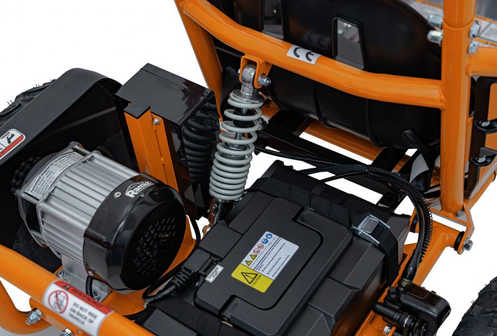 Ramiz Kart electric pentru copii Maighty Orange cu motor 1000W baterie 48V12Ah viteza maxima 30 kmh cu 3 moduri de viteza accesate la cheie frane hidraulice pe disc anvelope gonflabile cu suspensii si scaun reglabil