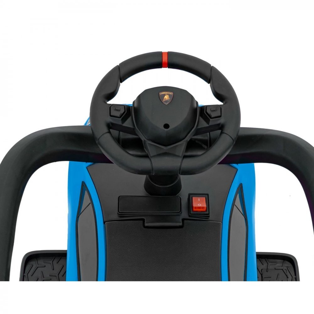 Ramiz Masinuta copii de impins Lamborghini Aventador Blue cu maner parental detasabil sunete si lumini LED roti din cauciuc suport pentru picioare bara de protectie greutate maxima admisa 30 kg