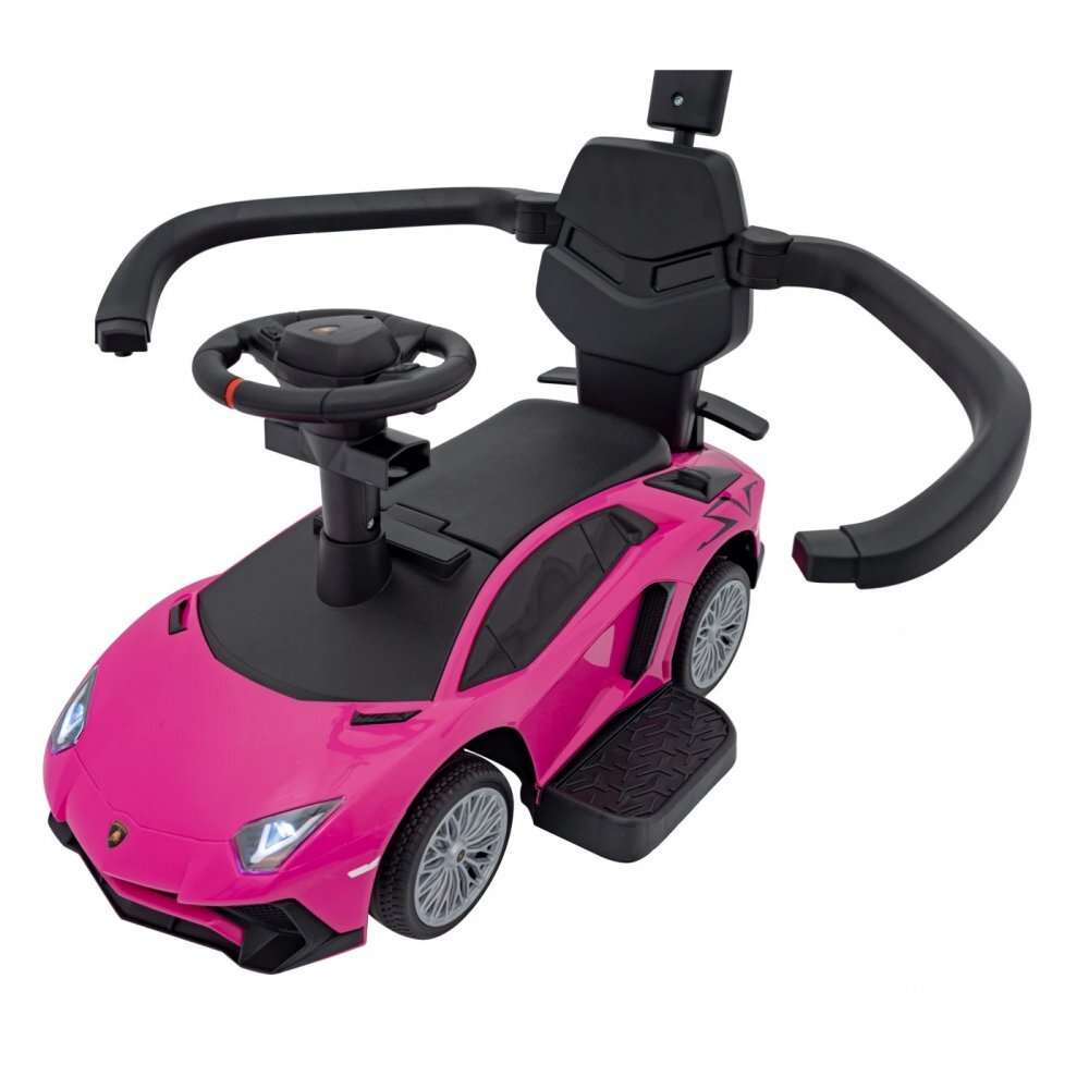 Ramiz Masinuta copii de impins Lamborghini Aventador Blue Pink cu maner parental detasabil sunete si lumini LED roti din cauciuc suport pentru picioare bara de protectie greutate maxima admisa 30 kg