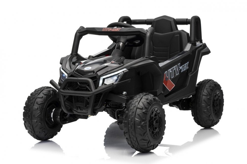 Ramiz Masinuta electrica pentru copii Buggy Madman UTV-MX Black 4 motoare 35W baterie 12V10Ah telecomanda 2.4 GHz roti spuma EVA 24x10 cm sarcina maxima 30 kg scaun piele ecologica deschidere usi MP3 USB Bluetooth