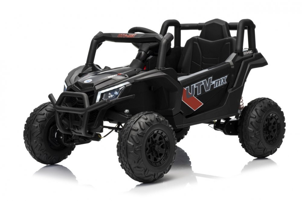 Ramiz Masinuta electrica pentru copii Buggy Madman UTV-MX Black 4 motoare 35W baterie 12V10Ah telecomanda 2.4 GHz roti spuma EVA 24x10 cm sarcina maxima 30 kg scaun piele ecologica deschidere usi MP3 USB Bluetooth