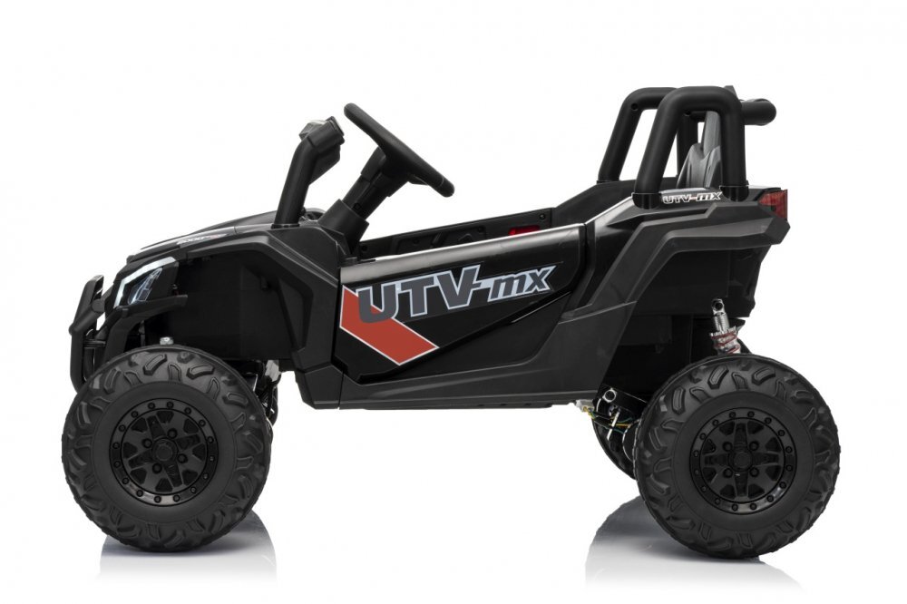 Ramiz Masinuta electrica pentru copii Buggy Madman UTV-MX Black 4 motoare 35W baterie 12V10Ah telecomanda 2.4 GHz roti spuma EVA 24x10 cm sarcina maxima 30 kg scaun piele ecologica deschidere usi MP3 USB Bluetooth