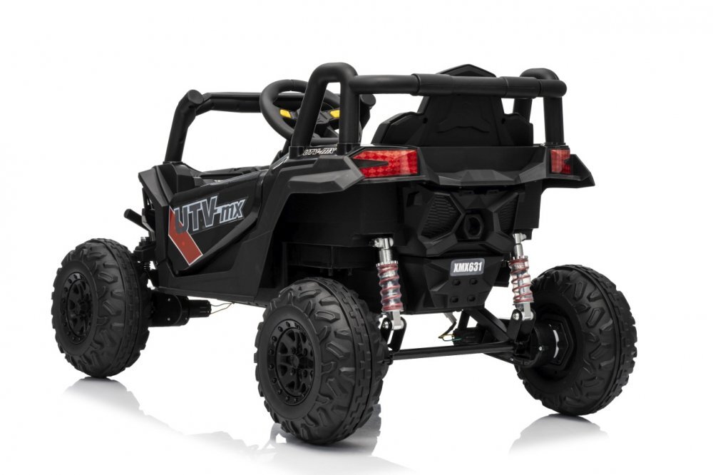 Ramiz Masinuta electrica pentru copii Buggy Madman UTV-MX Black 4 motoare 35W baterie 12V10Ah telecomanda 2.4 GHz roti spuma EVA 24x10 cm sarcina maxima 30 kg scaun piele ecologica deschidere usi MP3 USB Bluetooth