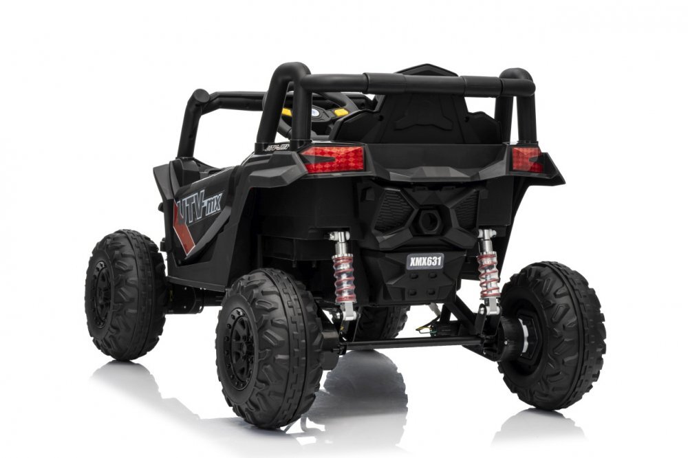 Ramiz Masinuta electrica pentru copii Buggy Madman UTV-MX Black 4 motoare 35W baterie 12V10Ah telecomanda 2.4 GHz roti spuma EVA 24x10 cm sarcina maxima 30 kg scaun piele ecologica deschidere usi MP3 USB Bluetooth