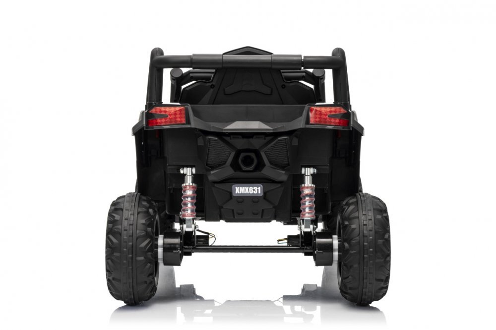 Ramiz Masinuta electrica pentru copii Buggy Madman UTV-MX Black 4 motoare 35W baterie 12V10Ah telecomanda 2.4 GHz roti spuma EVA 24x10 cm sarcina maxima 30 kg scaun piele ecologica deschidere usi MP3 USB Bluetooth