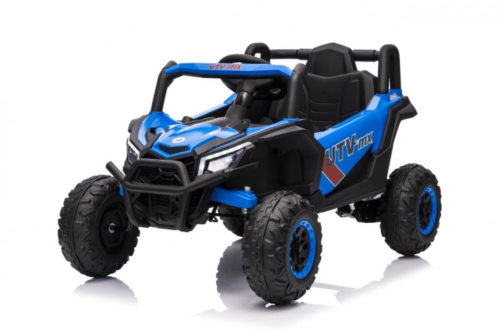 Ramiz Masinuta electrica pentru copii Buggy Madman UTV-MX Blue 4 motoare 35W baterie 12V10Ah telecomanda 2.4 GHz roti spuma EVA 24x10 cm sarcina maxima 30 kg scaun piele ecologica deschidere usi MP3 USB Bluetooth