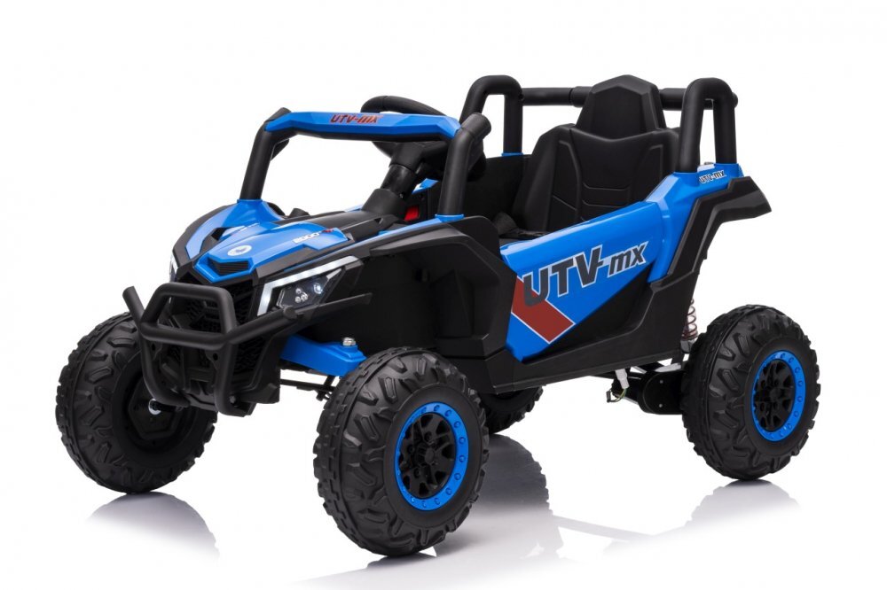 Ramiz Masinuta electrica pentru copii Buggy Madman UTV-MX Blue 4 motoare 35W baterie 12V10Ah telecomanda 2.4 GHz roti spuma EVA 24x10 cm sarcina maxima 30 kg scaun piele ecologica deschidere usi MP3 USB Bluetooth