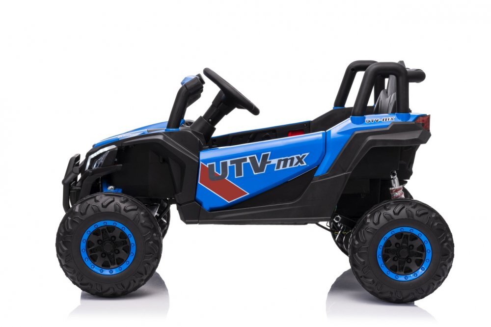 Ramiz Masinuta electrica pentru copii Buggy Madman UTV-MX Blue 4 motoare 35W baterie 12V10Ah telecomanda 2.4 GHz roti spuma EVA 24x10 cm sarcina maxima 30 kg scaun piele ecologica deschidere usi MP3 USB Bluetooth