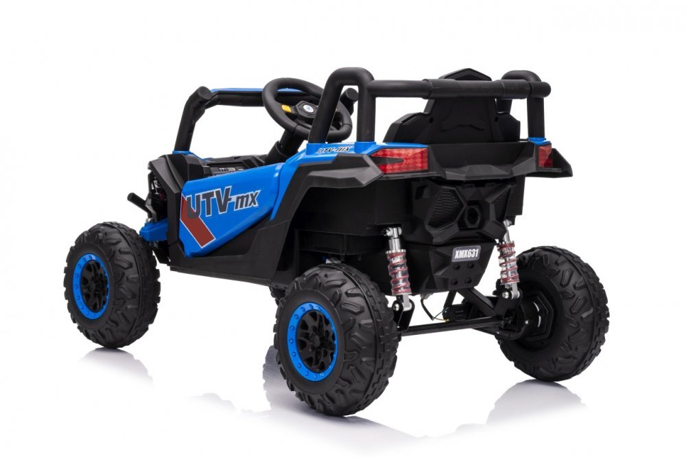 Ramiz Masinuta electrica pentru copii Buggy Madman UTV-MX Blue 4 motoare 35W baterie 12V10Ah telecomanda 2.4 GHz roti spuma EVA 24x10 cm sarcina maxima 30 kg scaun piele ecologica deschidere usi MP3 USB Bluetooth