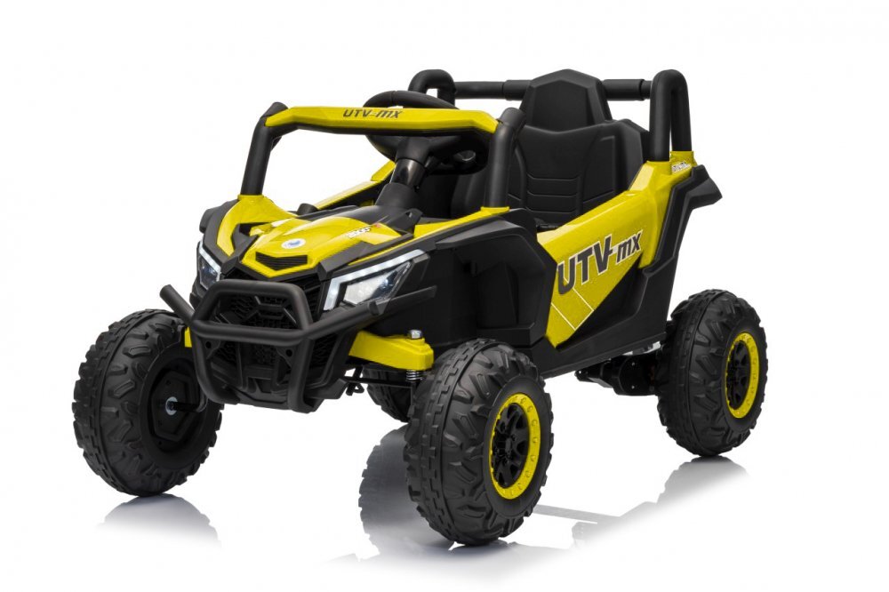Ramiz Masinuta electrica pentru copii Buggy Madman UTV-MX Yellow 4 motoare 35W baterie 12V10Ah telecomanda 2.4 GHz roti spuma EVA 24x10 cm sarcina maxima 30 kg scaun piele ecologica deschidere usi MP3 USB Bluetooth