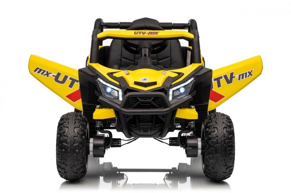 Ramiz Masinuta electrica pentru copii Buggy Madman UTV-MX Yellow 4 motoare 35W baterie 12V10Ah telecomanda 2.4 GHz roti spuma EVA 24x10 cm sarcina maxima 30 kg scaun piele ecologica deschidere usi MP3 USB Bluetooth