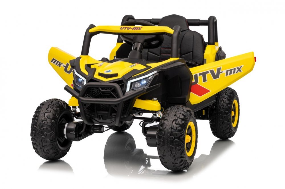 Ramiz Masinuta electrica pentru copii Buggy Madman UTV-MX Yellow 4 motoare 35W baterie 12V10Ah telecomanda 2.4 GHz roti spuma EVA 24x10 cm sarcina maxima 30 kg scaun piele ecologica deschidere usi MP3 USB Bluetooth