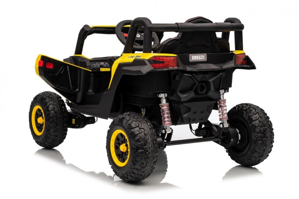 Ramiz Masinuta electrica pentru copii Buggy Madman UTV-MX Yellow 4 motoare 35W baterie 12V10Ah telecomanda 2.4 GHz roti spuma EVA 24x10 cm sarcina maxima 30 kg scaun piele ecologica deschidere usi MP3 USB Bluetooth