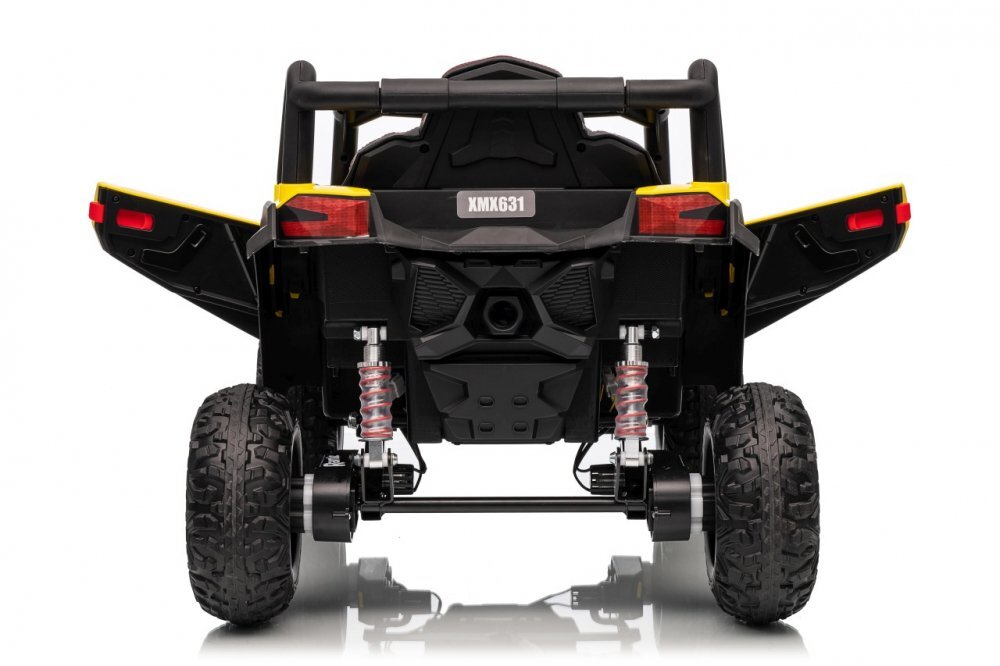 Ramiz Masinuta electrica pentru copii Buggy Madman UTV-MX Yellow 4 motoare 35W baterie 12V10Ah telecomanda 2.4 GHz roti spuma EVA 24x10 cm sarcina maxima 30 kg scaun piele ecologica deschidere usi MP3 USB Bluetooth