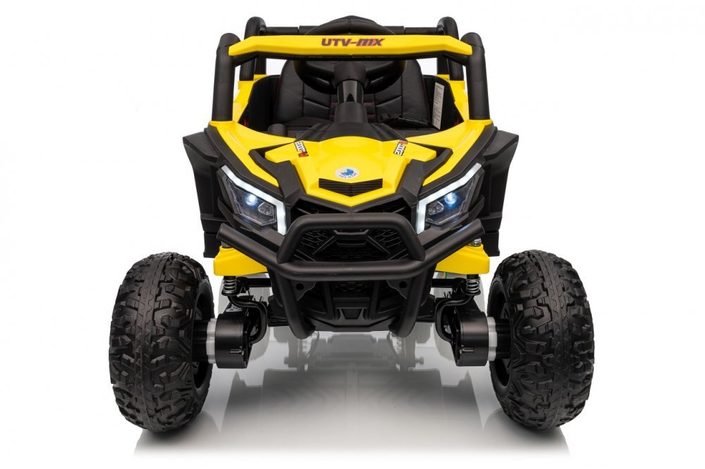 Ramiz Masinuta electrica pentru copii Buggy Madman UTV-MX Yellow 4 motoare 35W baterie 12V10Ah telecomanda 2.4 GHz roti spuma EVA 24x10 cm sarcina maxima 30 kg scaun piele ecologica deschidere usi MP3 USB Bluetooth