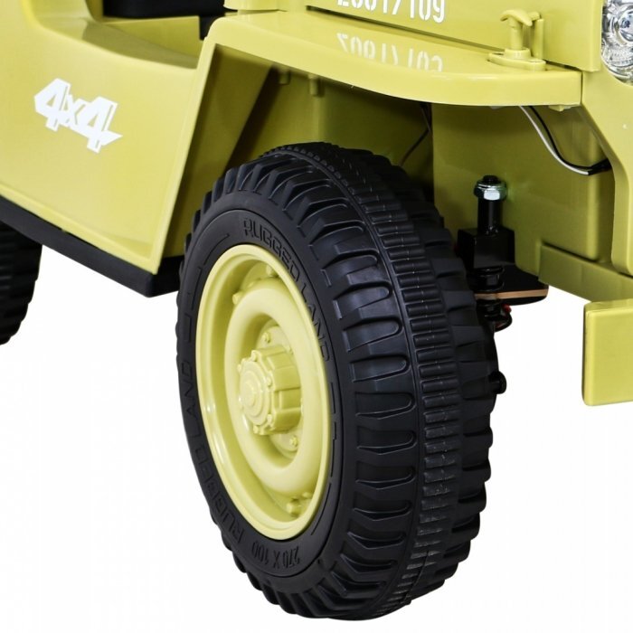 Ramiz Masinuta electrica pentru copii Military Retro 4x4 bej 140W cu telecomanda suspensii lumini scaun piele si roti din spuma Eva