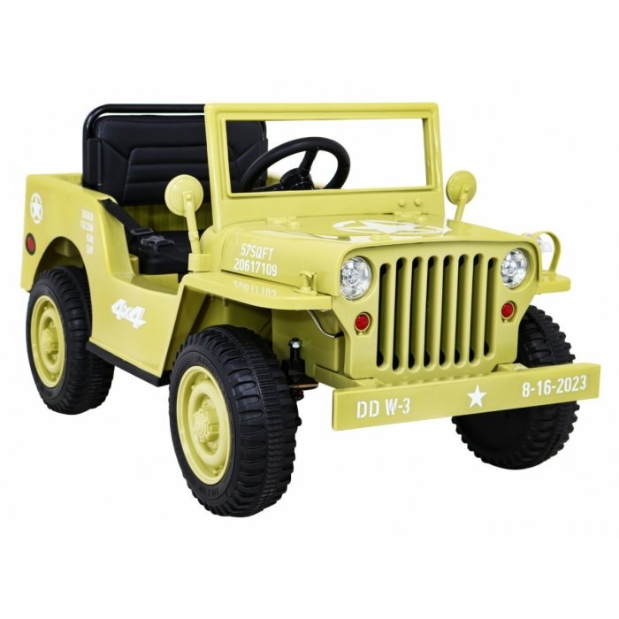 Ramiz Masinuta electrica pentru copii Military Retro 4x4 bej 140W cu telecomanda suspensii lumini scaun piele si roti din spuma Eva