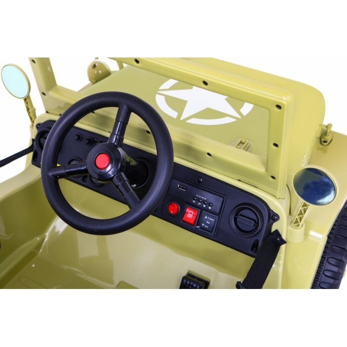 Ramiz Masinuta electrica pentru copii Military Retro 4x4 bej 140W cu telecomanda suspensii lumini scaun piele si roti din spuma Eva