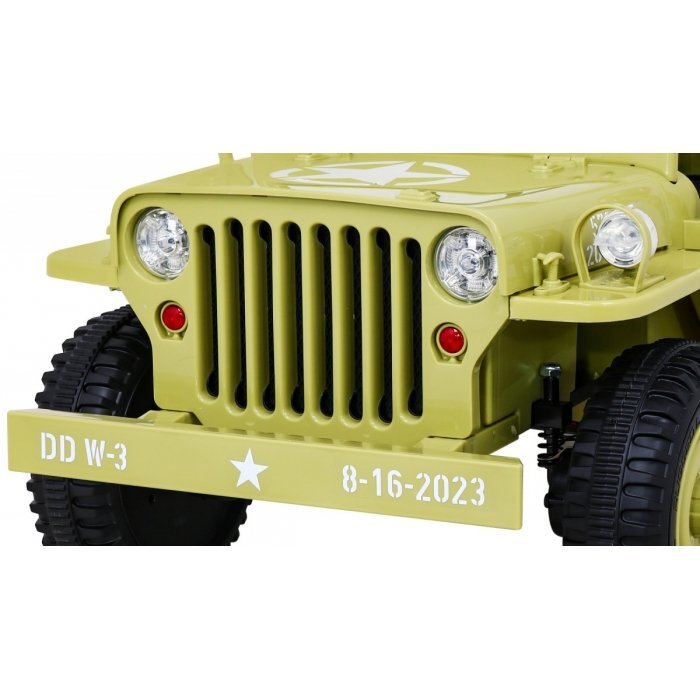 Ramiz Masinuta electrica pentru copii Military Retro 4x4 bej 140W cu telecomanda suspensii lumini scaun piele si roti din spuma Eva