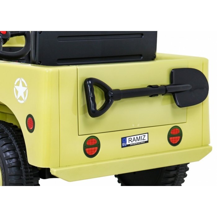Ramiz Masinuta electrica pentru copii Military Retro 4x4 bej 140W cu telecomanda suspensii lumini scaun piele si roti din spuma Eva