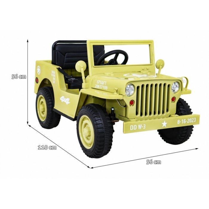Ramiz Masinuta electrica pentru copii Military Retro 4x4 bej 140W cu telecomanda suspensii lumini scaun piele si roti din spuma Eva