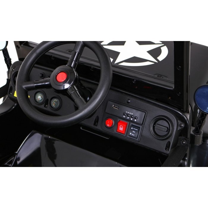 Ramiz Masinuta electrica pentru copii Military Retro 4x4 negru 140W cu telecomanda suspensii lumini scaun piele si roti din spuma Eva