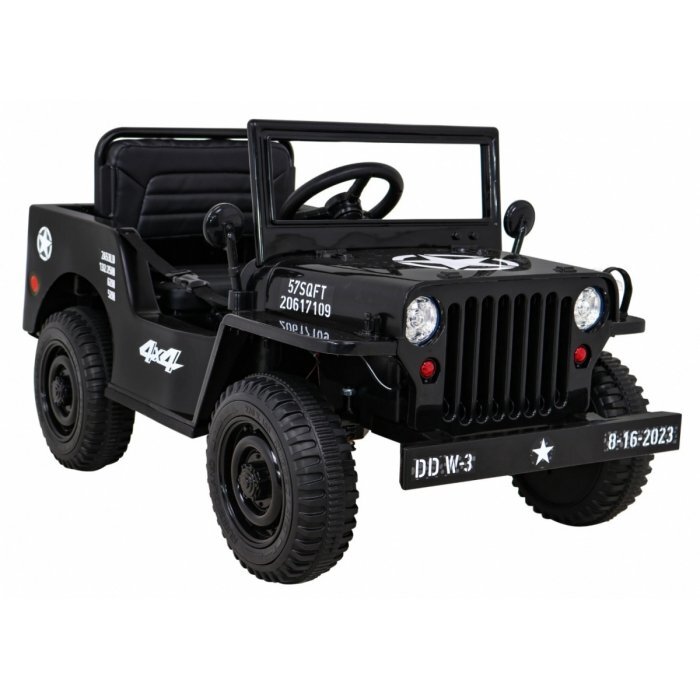 Ramiz Masinuta electrica pentru copii Military Retro 4x4 negru 140W cu telecomanda suspensii lumini scaun piele si roti din spuma Eva