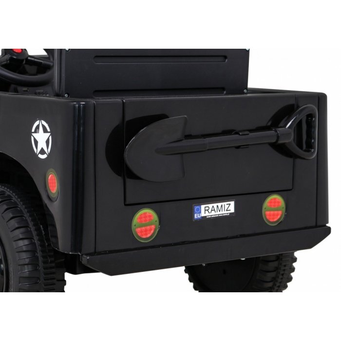 Ramiz Masinuta electrica pentru copii Military Retro 4x4 negru 140W cu telecomanda suspensii lumini scaun piele si roti din spuma Eva