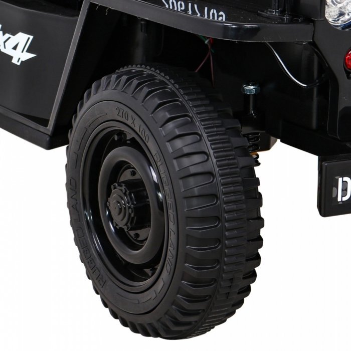 Ramiz Masinuta electrica pentru copii Military Retro 4x4 negru 140W cu telecomanda suspensii lumini scaun piele si roti din spuma Eva