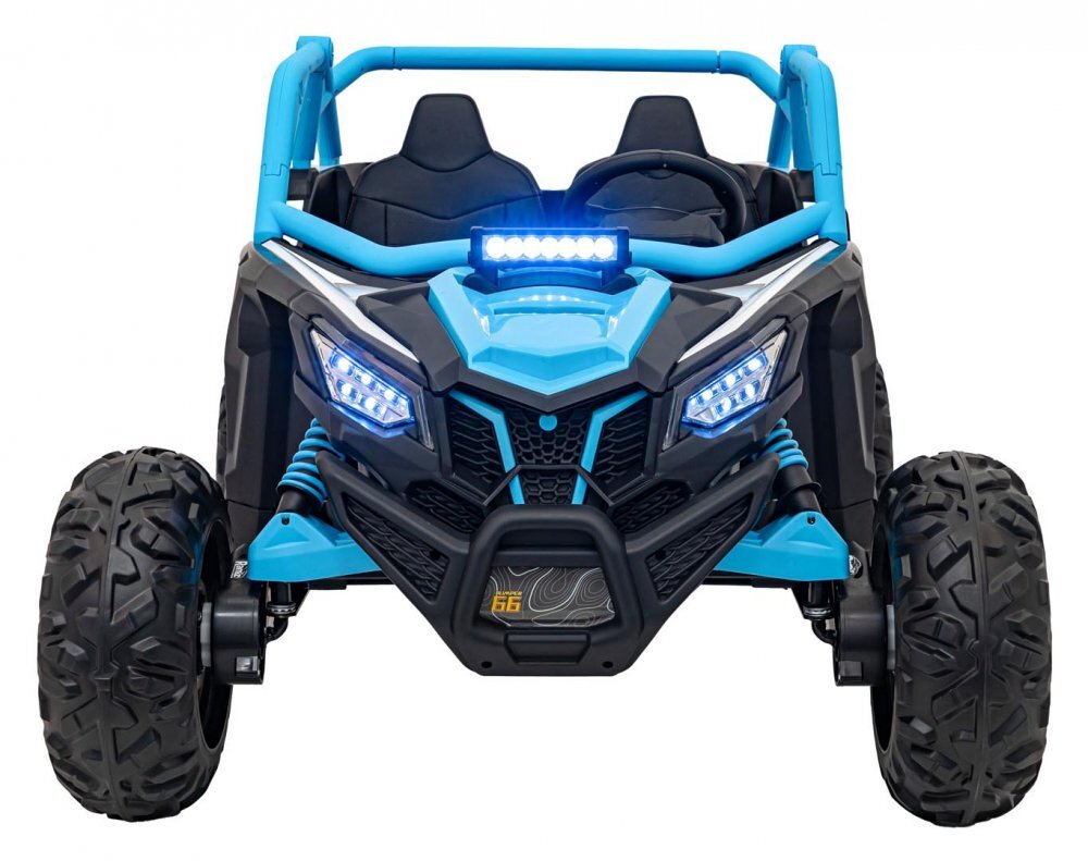 Ramiz Masinuta electrica pentru copii SR SUPER 66 Blue 4 motoare de 75W baterie 24V7Ah 3 viteze telecomanda 2.4 GHz scaun dublu din piele ecologica radio FM MP3 Bluetooth port USB lumini LED deschidere usi