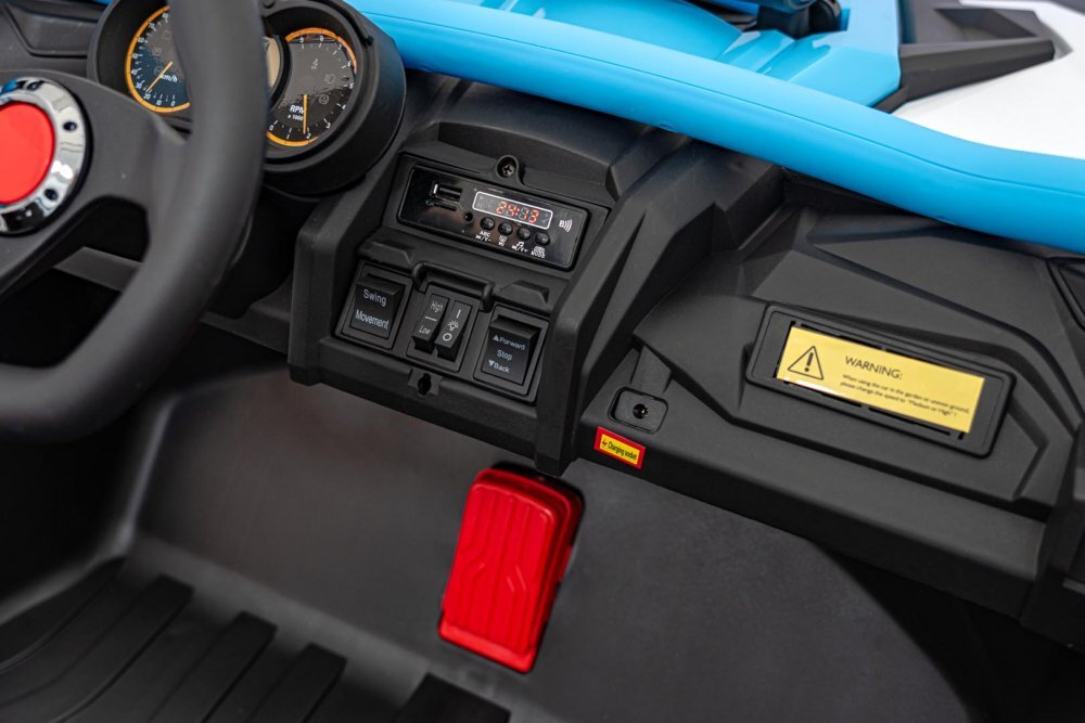 Ramiz Masinuta electrica pentru copii SR SUPER 66 Blue 4 motoare de 75W baterie 24V7Ah 3 viteze telecomanda 2.4 GHz scaun dublu din piele ecologica radio FM MP3 Bluetooth port USB lumini LED deschidere usi