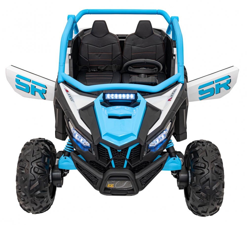 Ramiz Masinuta electrica pentru copii SR SUPER 66 Blue 4 motoare de 75W baterie 24V7Ah 3 viteze telecomanda 2.4 GHz scaun dublu din piele ecologica radio FM MP3 Bluetooth port USB lumini LED deschidere usi