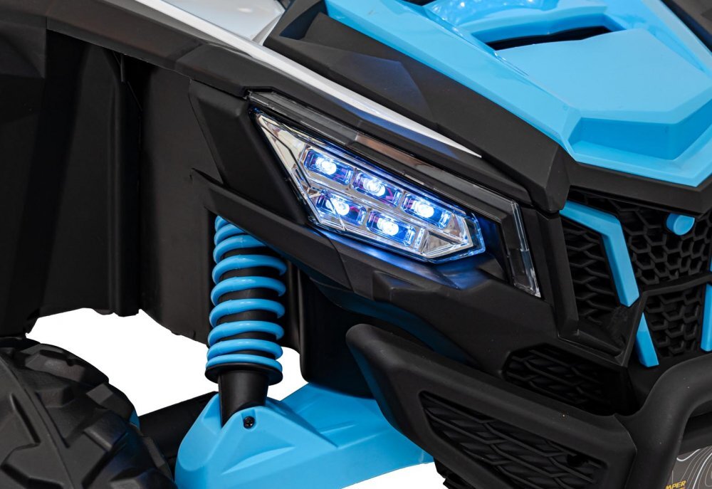 Ramiz Masinuta electrica pentru copii SR SUPER 66 Blue 4 motoare de 75W baterie 24V7Ah 3 viteze telecomanda 2.4 GHz scaun dublu din piele ecologica radio FM MP3 Bluetooth port USB lumini LED deschidere usi