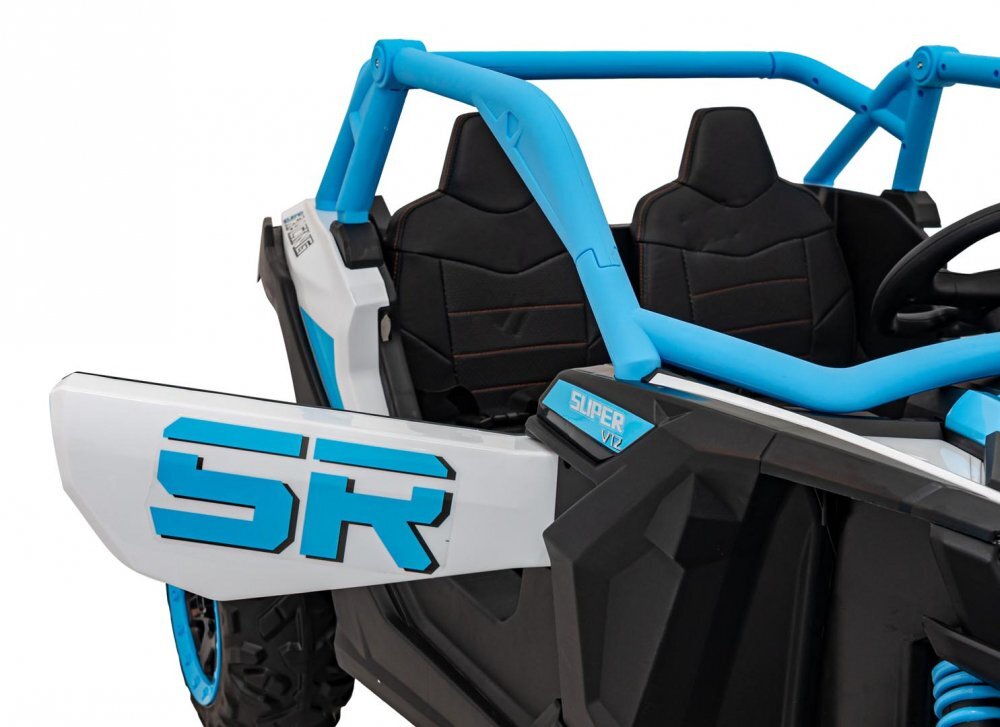 Ramiz Masinuta electrica pentru copii SR SUPER 66 Blue 4 motoare de 75W baterie 24V7Ah 3 viteze telecomanda 2.4 GHz scaun dublu din piele ecologica radio FM MP3 Bluetooth port USB lumini LED deschidere usi