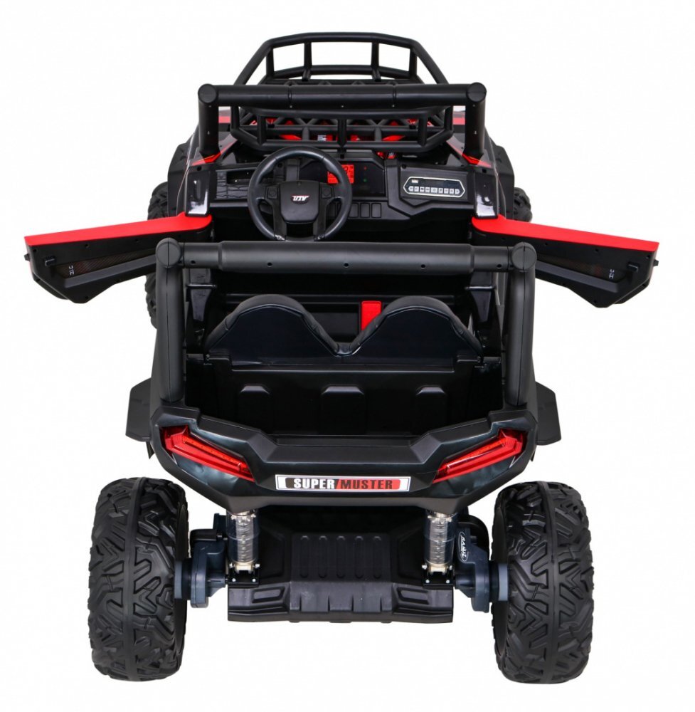 Ramiz Masinuta electrica pentru copii UTV cu 2 motoare de 200W baterie 24V7Ah telecomanda de 2.4 GHz cu 3 viteze suspensii roti EVA scaun dublu din piele ecologica deschidere usi Lumini LED panou audio USB