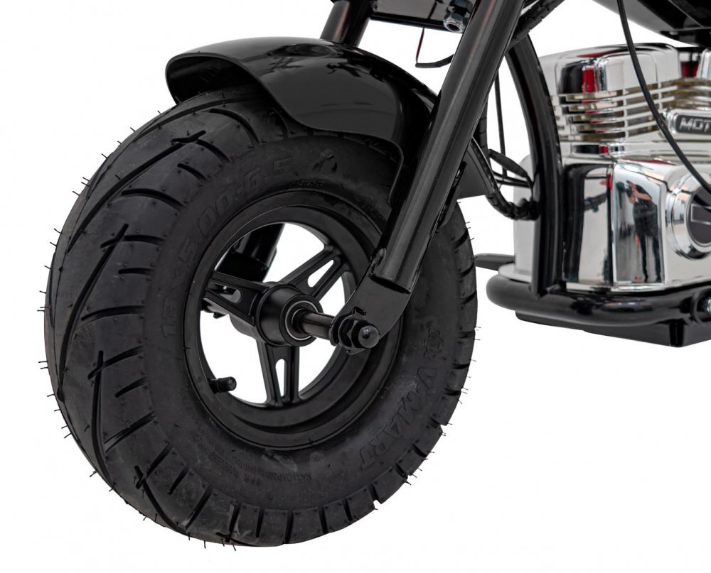 Ramiz Motocicleta electrica pentru copii Chopper Warrior Black motor de 350W cu doua baterii de 18V9Ah pornire prin buton cu rotile gonflabile panou audio integrat cu MP3 USB lumini LED sarcina maxima 80 kg