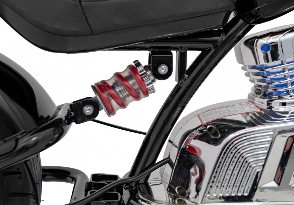 Ramiz Motocicleta electrica pentru copii Chopper Warrior Black motor de 350W cu doua baterii de 18V9Ah pornire prin buton cu rotile gonflabile panou audio integrat cu MP3 USB lumini LED sarcina maxima 80 kg