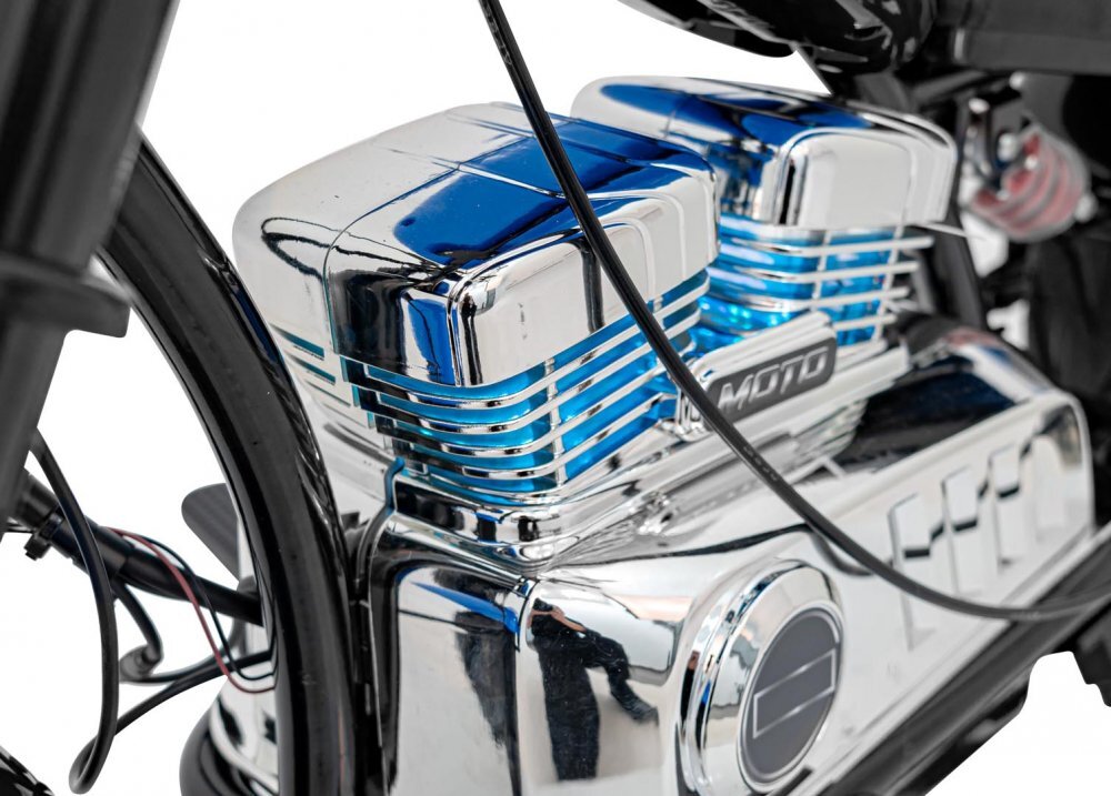 Ramiz Motocicleta electrica pentru copii Chopper Warrior Black motor de 350W cu doua baterii de 18V9Ah pornire prin buton cu rotile gonflabile panou audio integrat cu MP3 USB lumini LED sarcina maxima 80 kg